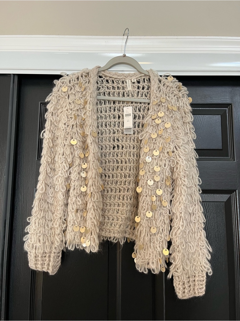 Anthropologie Cream Loop-Texture Sequin Teddy Jacket